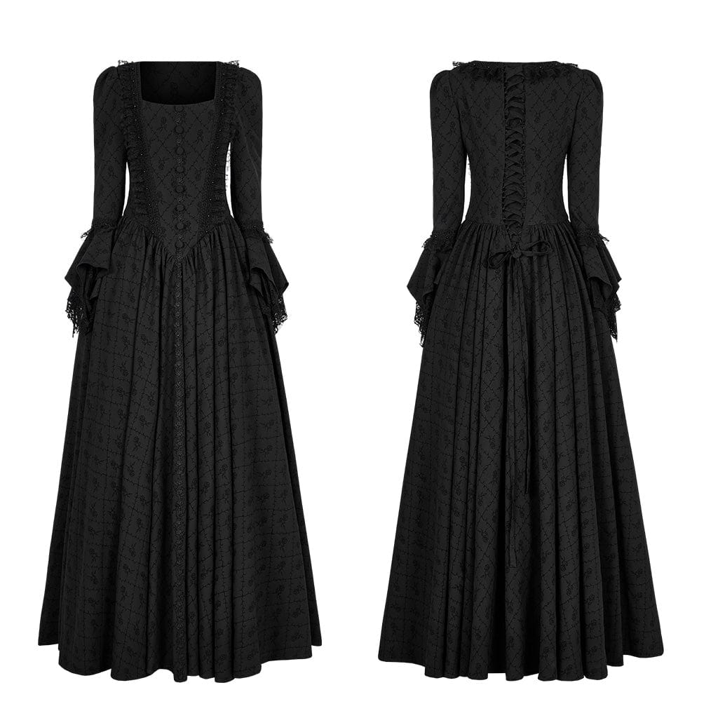 Women's Gothic Square Collar Flare Sleeved Lace Maxi Dress Wedding Dress - Image 5