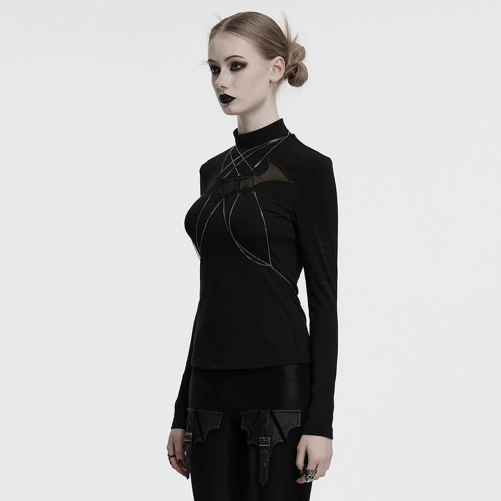 Women's Gothic Stand Collar Bat Mesh Splice Chain Shirt Black - Image 2