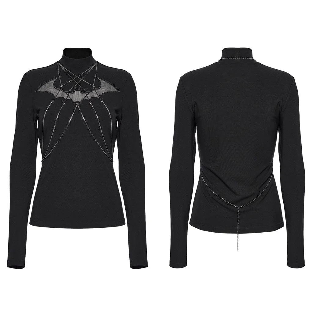 Women's Gothic Stand Collar Bat Mesh Splice Chain Shirt Black - Image 5