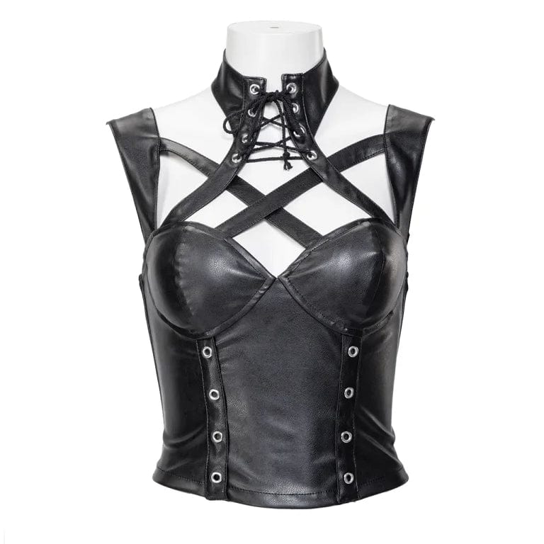 Women's Gothic Stand Collar Cutout Faux Leather Vest - Image 6