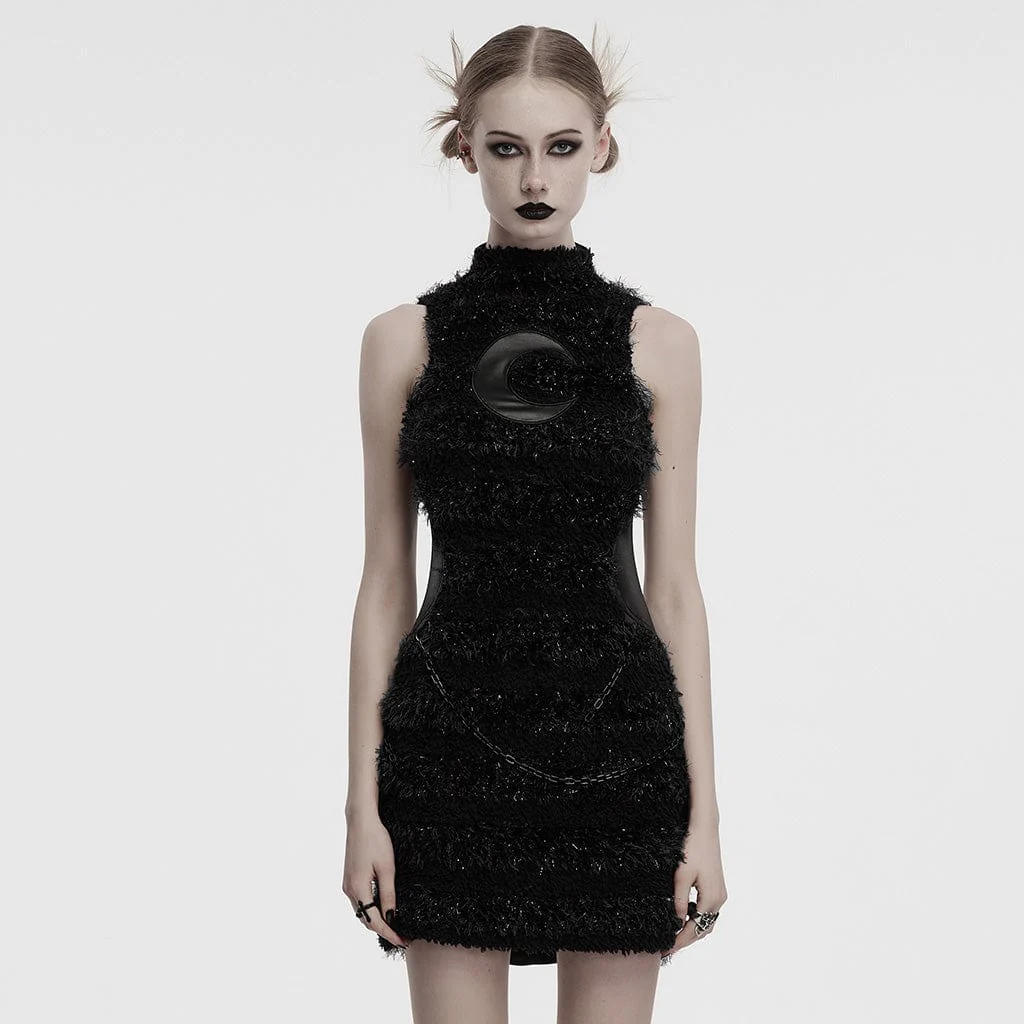 Women's Gothic Stand Collar Faux Fur Splice Party Dress Graduation Dress Black