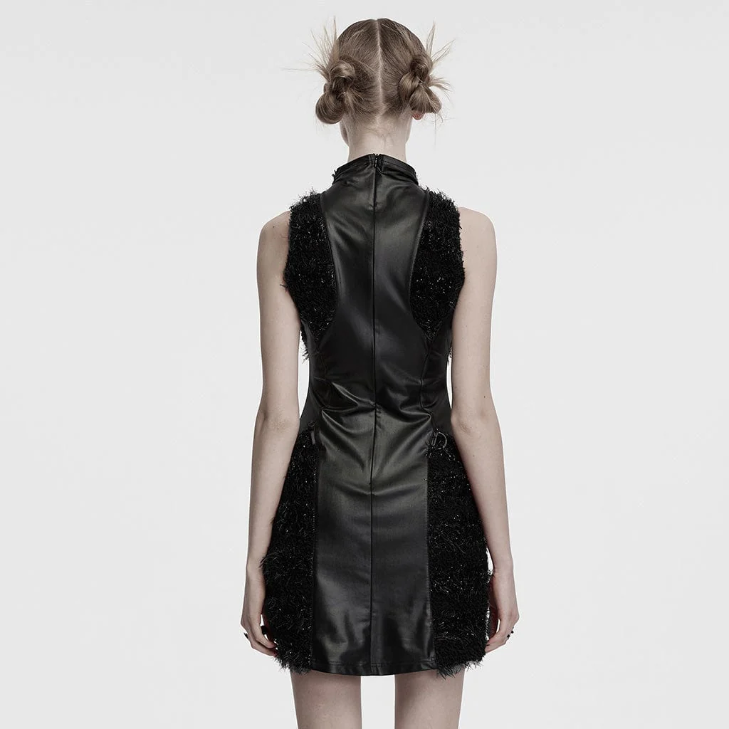 Women's Gothic Stand Collar Faux Fur Splice Party Dress Graduation Dress Black - Image 3