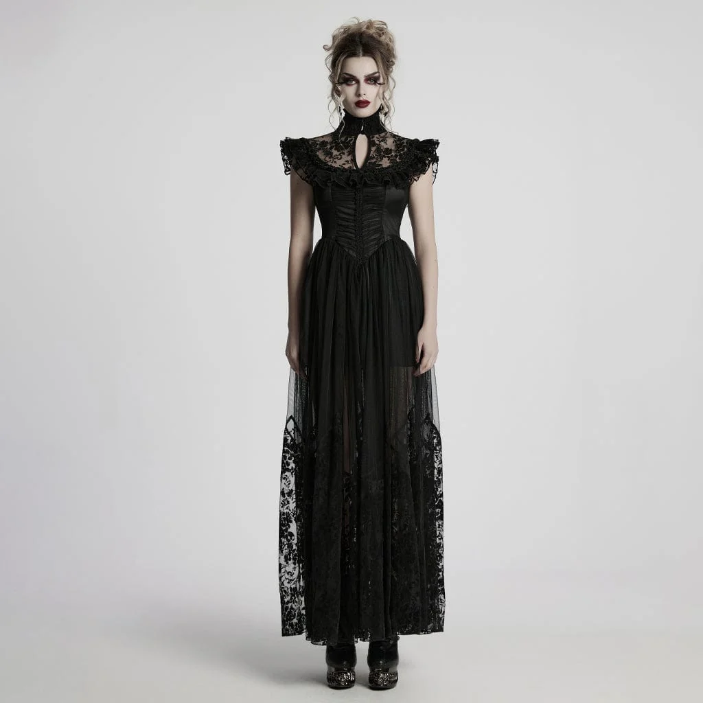 Women's Gothic Stand Collar Flocking Mesh Formal Dress Wedding Dress