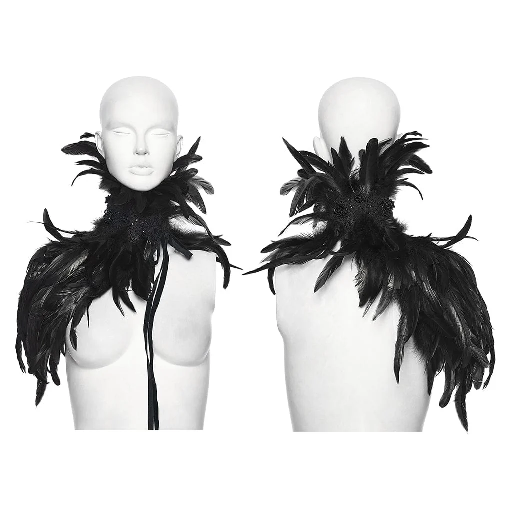 Women's Gothic Stand Collar Floral Crochet Irregular Feather Shawl Black - Image 4
