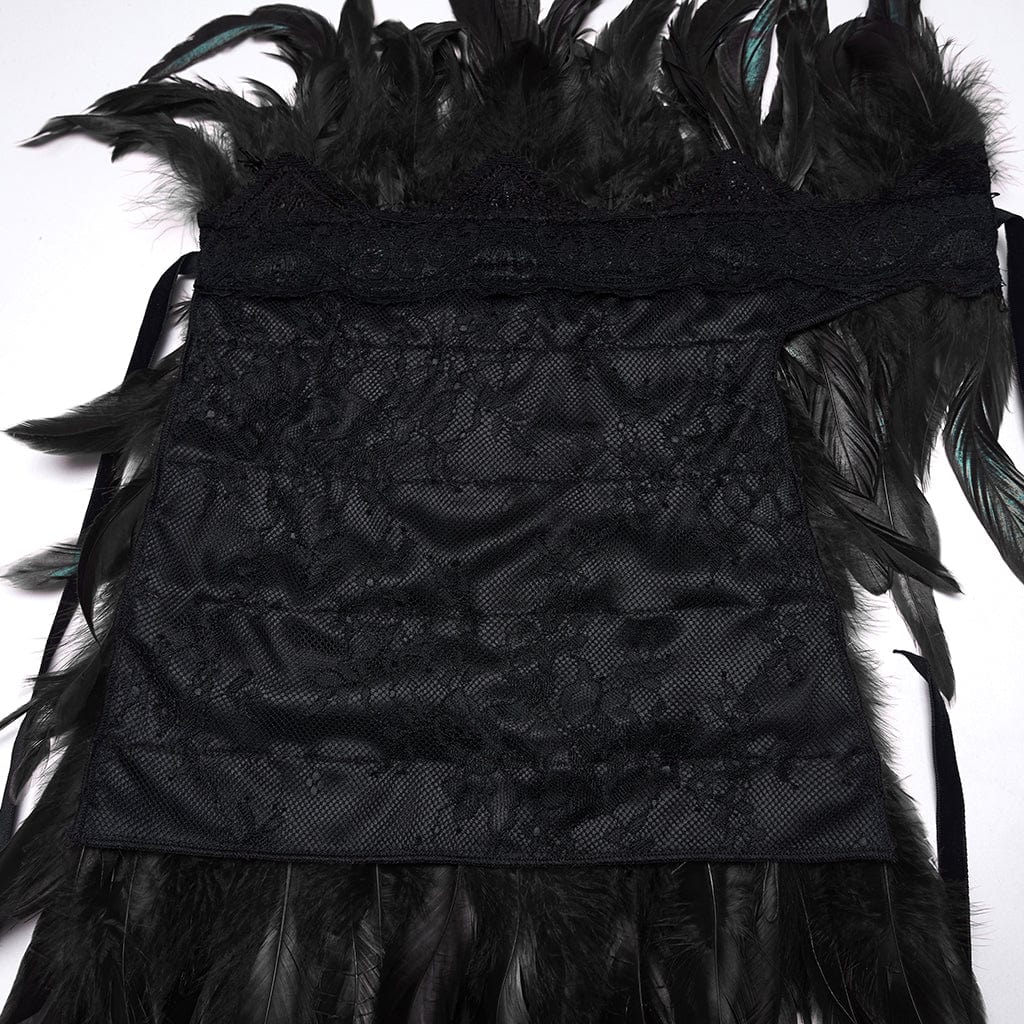 Women's Gothic Stand Collar Floral Crochet Irregular Feather Shawl Black - Image 8