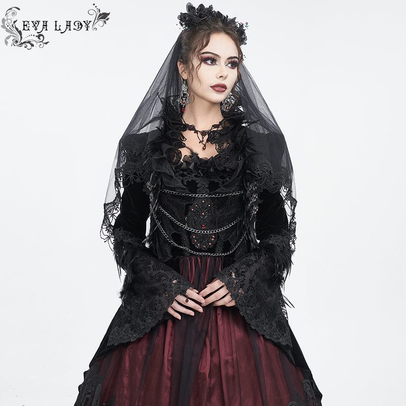 Women's Gothic Stand Collar Floral Embroidered Feather Jacket - Image 2