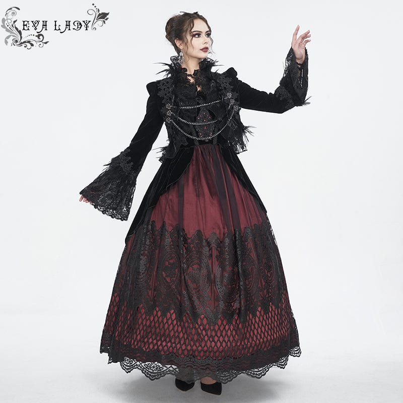 Women's Gothic Stand Collar Floral Embroidered Feather Jacket - Image 6
