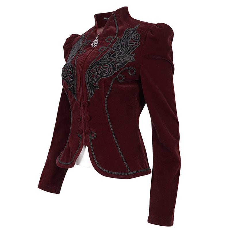 Women's Gothic Stand Collar Floral Embroidered Jacket Red - Image 6