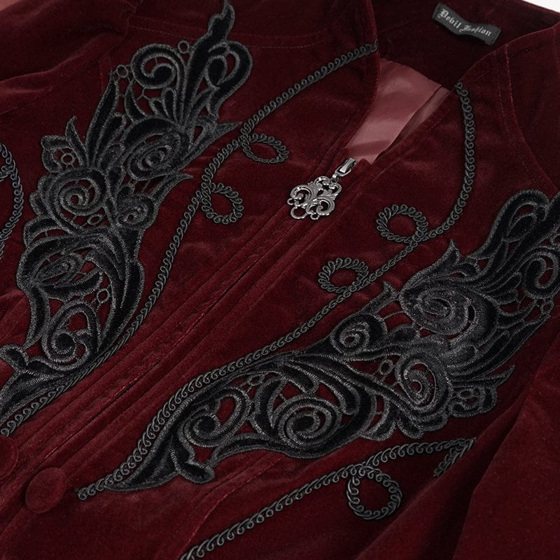 Women's Gothic Stand Collar Floral Embroidered Jacket Red - Image 8