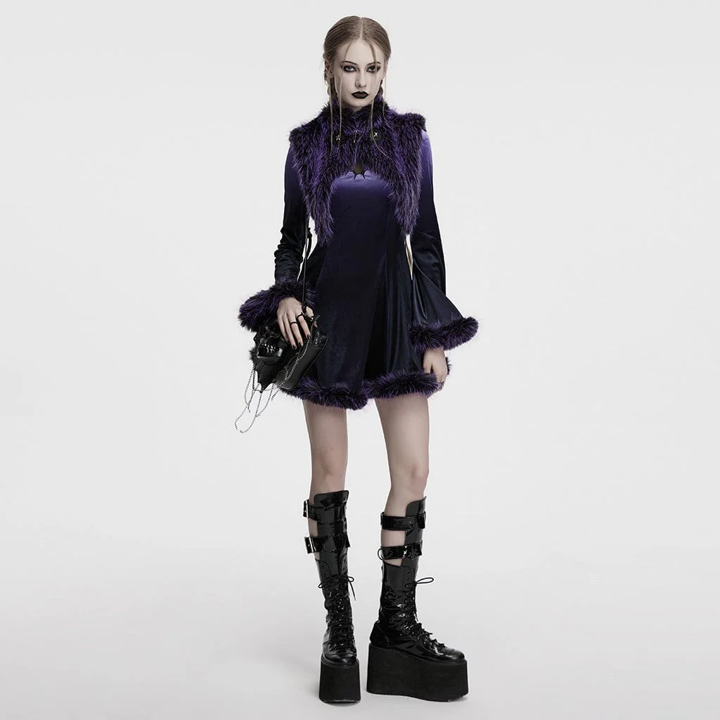 Women's Gothic Stand Collar Gradient Faux Fur Cape Violet - Image 4