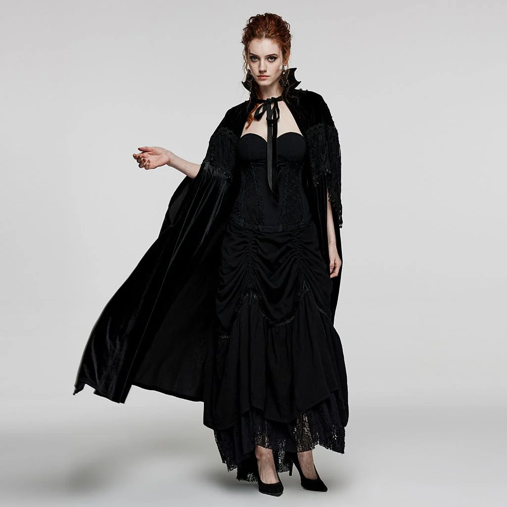 Women's Gothic Stand Collar Lace Splice Velvet Cape
