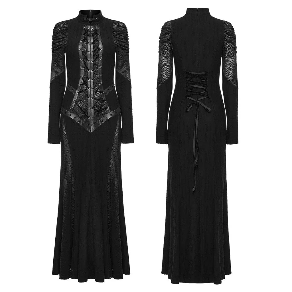 Women's Gothic Stand Collar Lace-up Fishtail Wedding Dress - Image 5