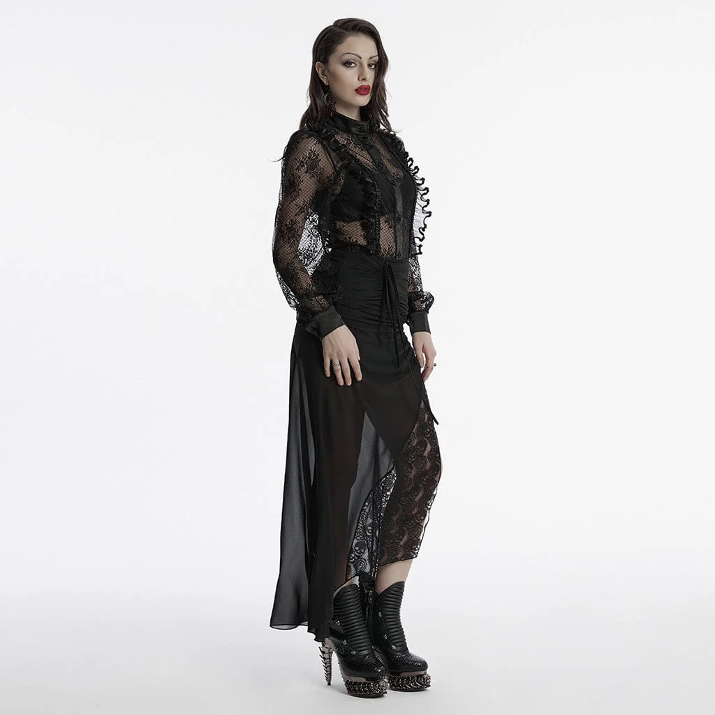 Women's Gothic Stand Collar Puff Sleeved Lace Shirt - Image 4