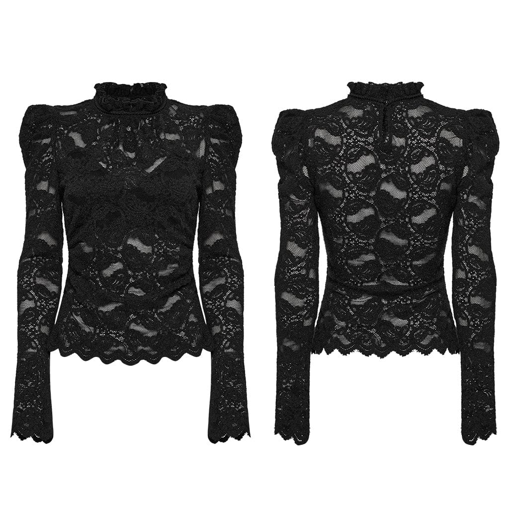 Women's Gothic Stand Collar Puff Sleeved Lace Shirt Black - Image 8