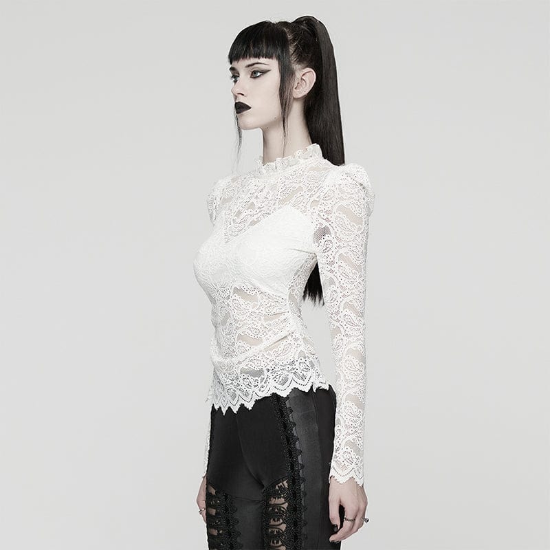 Women's Gothic Stand Collar Puff Sleeved Lace Shirt White - Image 2