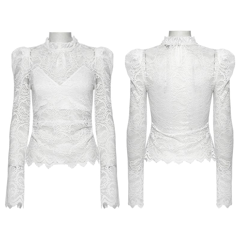 Women's Gothic Stand Collar Puff Sleeved Lace Shirt White - Image 8
