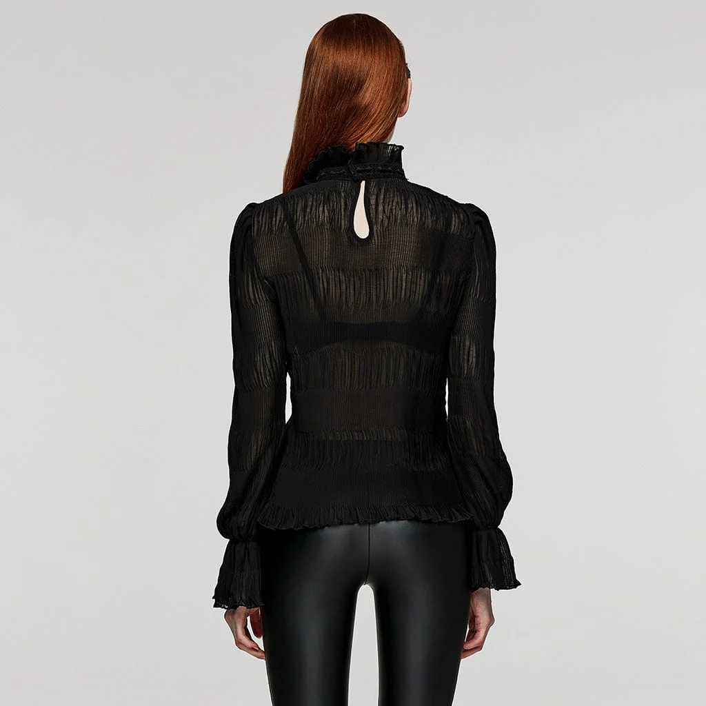 Women's Gothic Stand Collar Puff Sleeved Ruched Shirt - Image 3
