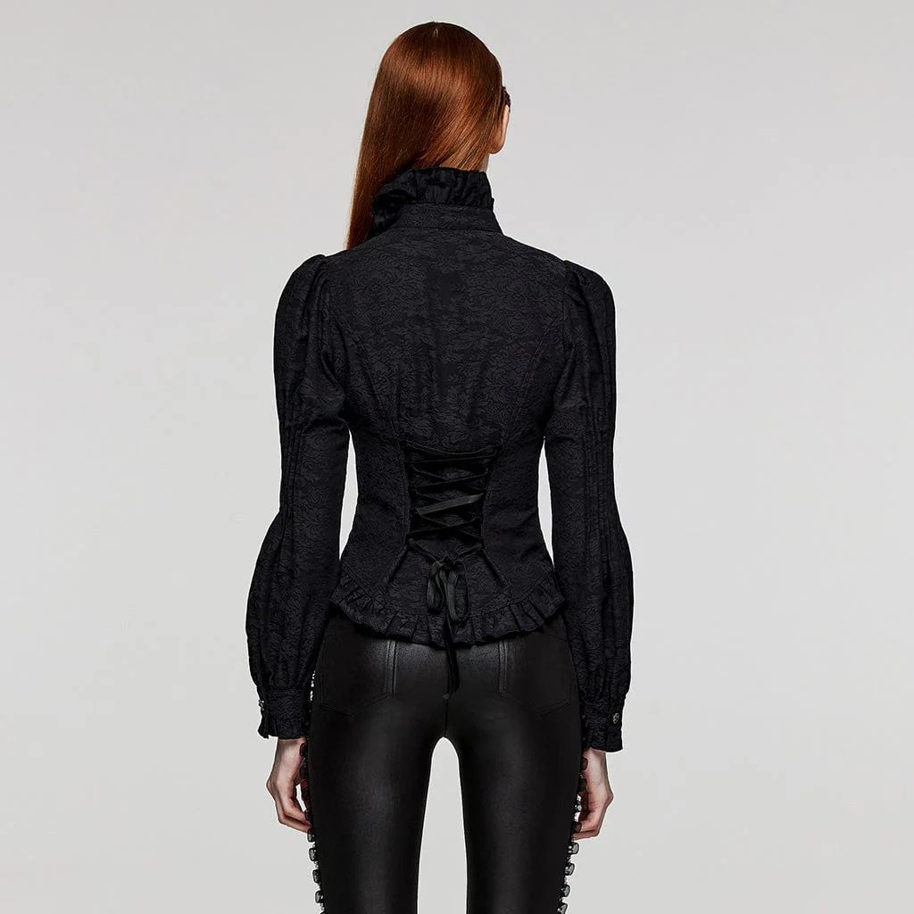Women's Gothic Stand Collar Puff Sleeved Ruffled Shirt - Image 3
