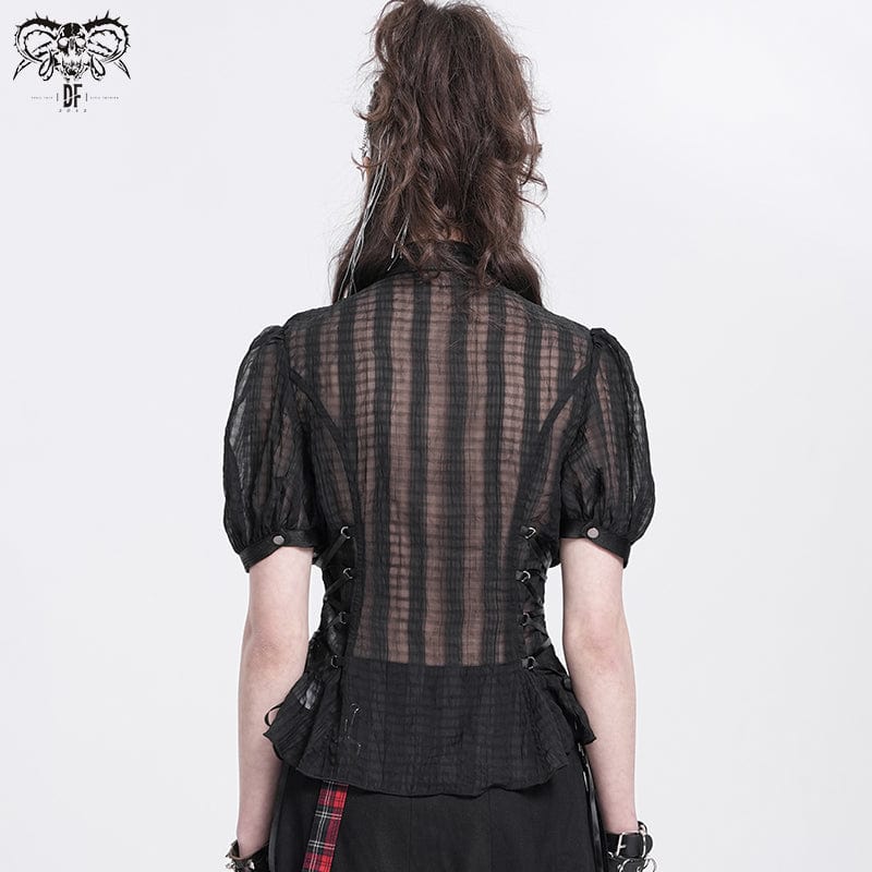 Women's Gothic Stand Collar Puff Sleeved Sheer Shirt - Image 5