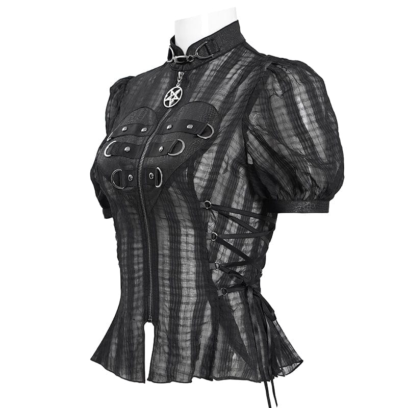 Women's Gothic Stand Collar Puff Sleeved Sheer Shirt - Image 8