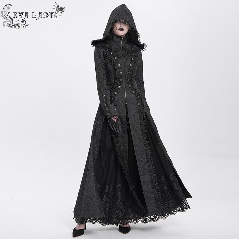 Women's Gothic Stand Collar Ruffled Coat with Hood - Image 2