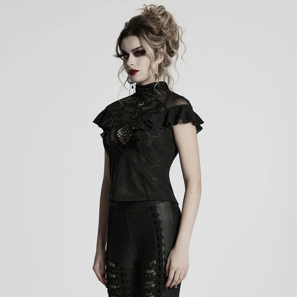 Women's Gothic Stand Collar Ruffled Lace Shirt - Image 2