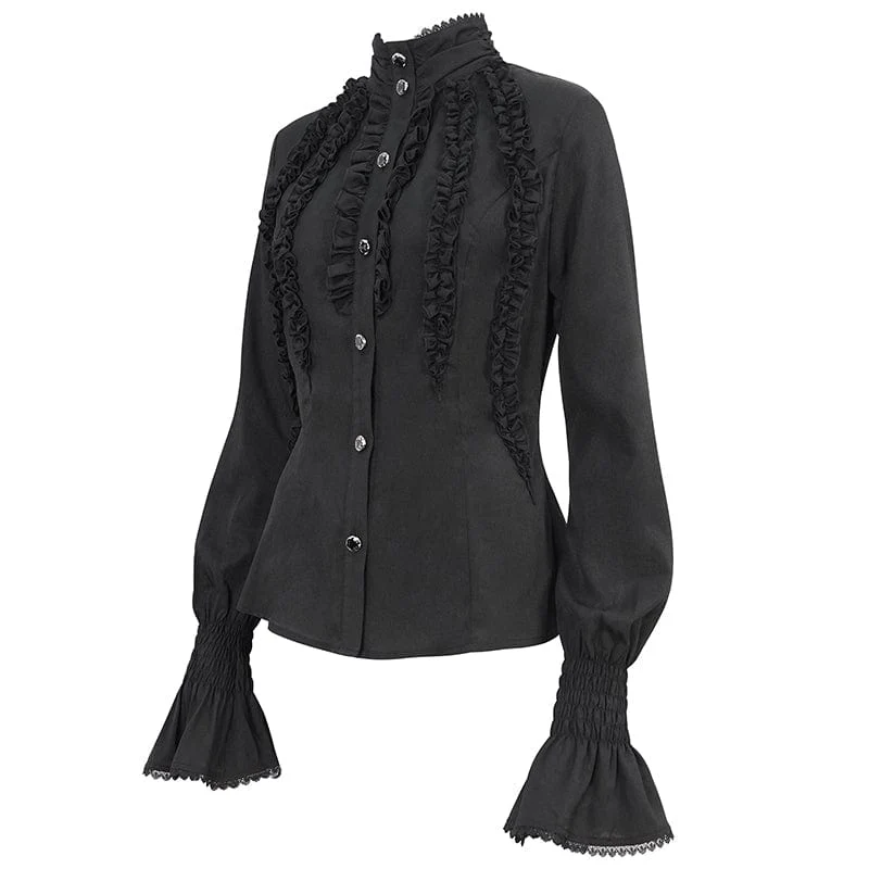 Women's Gothic Stand Collar Ruffled Shirt Black - Image 8