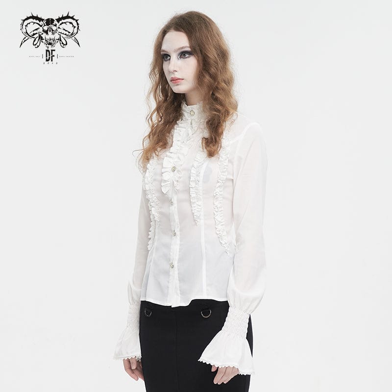 Women's Gothic Stand Collar Ruffled Shirt White - Image 4