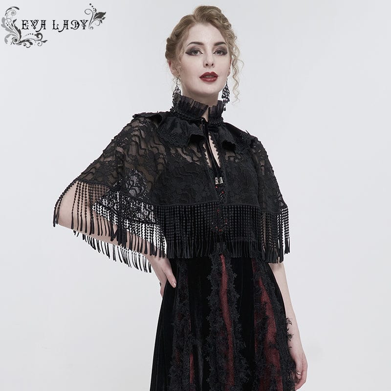 Women's Gothic Stand Collar Tassels Lace Cape - Image 3