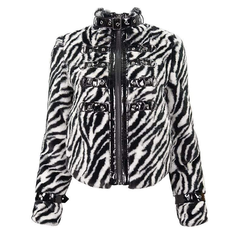 Women's Gothic Stand Collar Zebra-stripe Buckles Jacket - Image 4