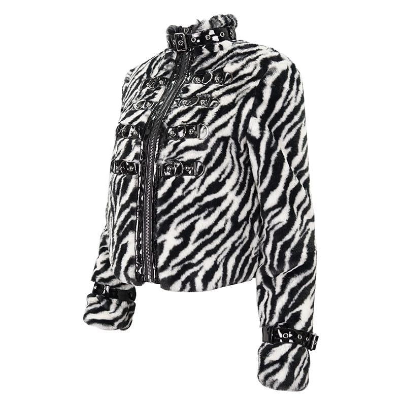 Women's Gothic Stand Collar Zebra-stripe Buckles Jacket - Image 5