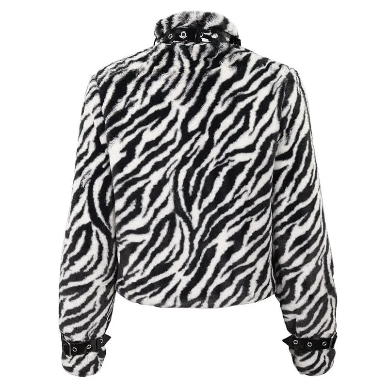 Women's Gothic Stand Collar Zebra-stripe Buckles Jacket - Image 6