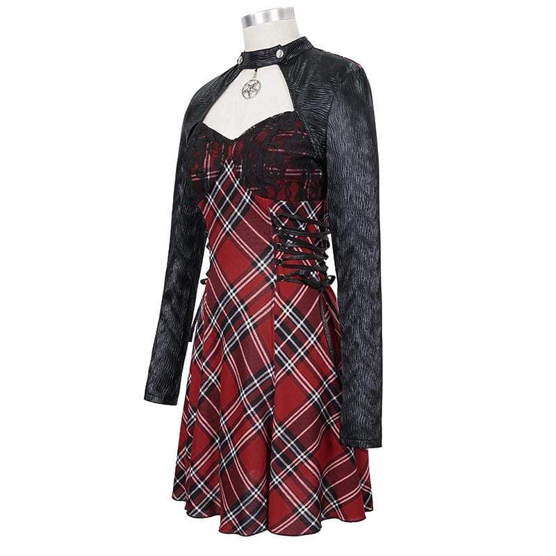 Women's Gothic Strappy Cutout Splice Plaid Dress - Image 5