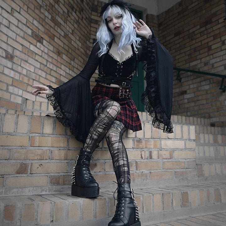 Women's Gothic Strappy Flared Sleeved Lace Shirt - Image 4