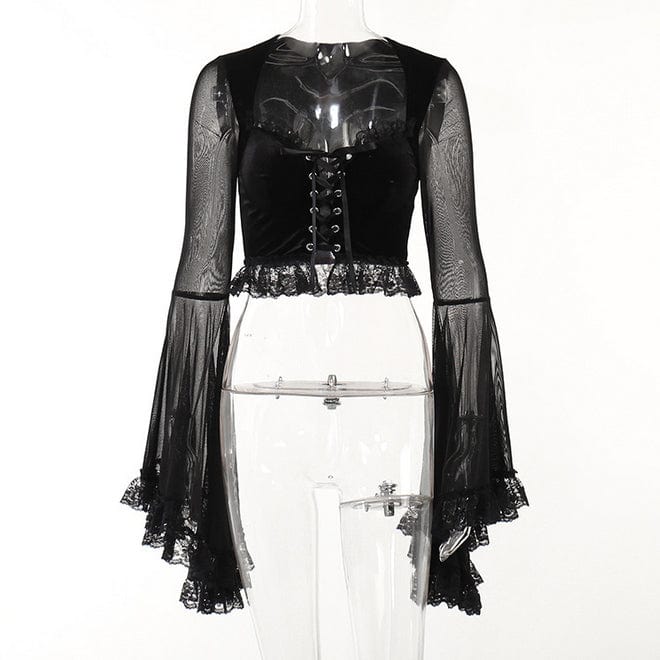 Women's Gothic Strappy Flared Sleeved Lace Shirt - Image 6