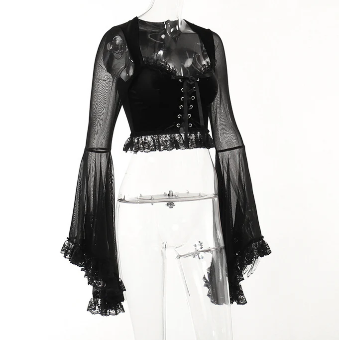 Women's Gothic Strappy Flared Sleeved Lace Shirt - Image 7