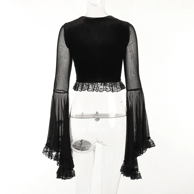 Women's Gothic Strappy Flared Sleeved Lace Shirt - Image 8