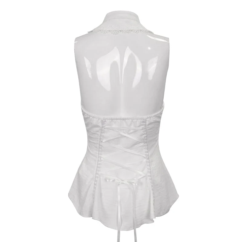 Women's Gothic Strappy Floral Embroidered Ruffled White Vest - Image 8