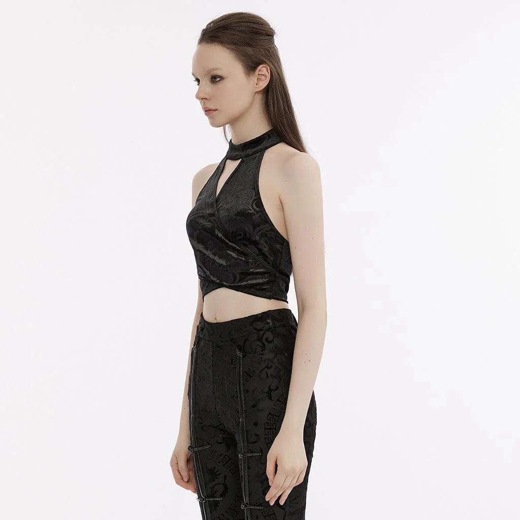 Women's Gothic Strappy Halterneck Embossed Velvet Bustier - Image 2