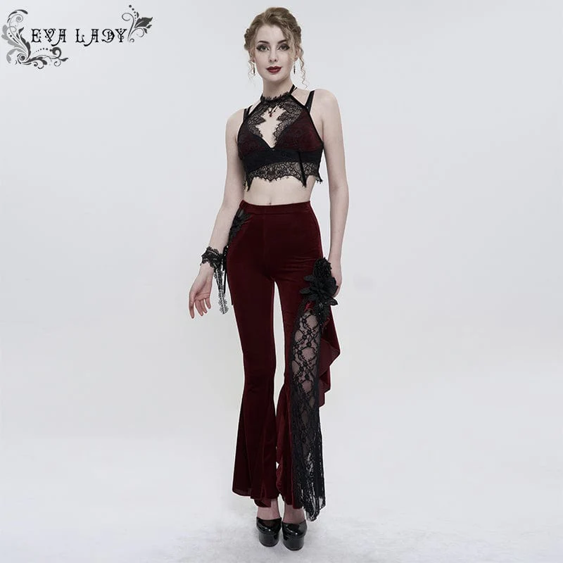 Women's Gothic Strappy Lace Splice Flared Pants Red - Image 5
