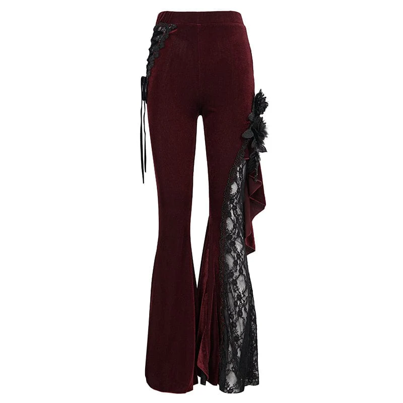 Women's Gothic Strappy Lace Splice Flared Pants Red - Image 6