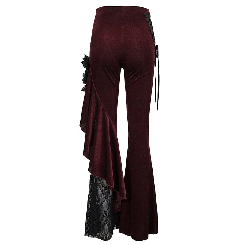 Women's Gothic Strappy Lace Splice Flared Pants Red - Image 8