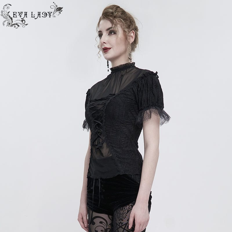 Women's Gothic Strappy Mesh Splice Beaded Shirt - Image 2