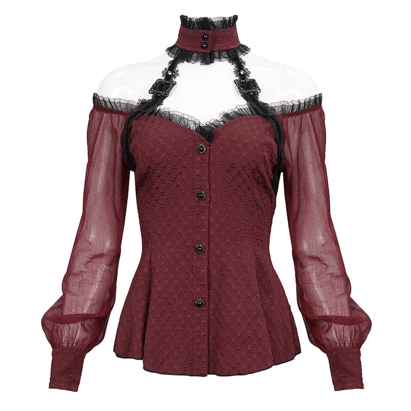 Women's Gothic Strappy Off Shoulder Halterneck Shirt Red - Image 5