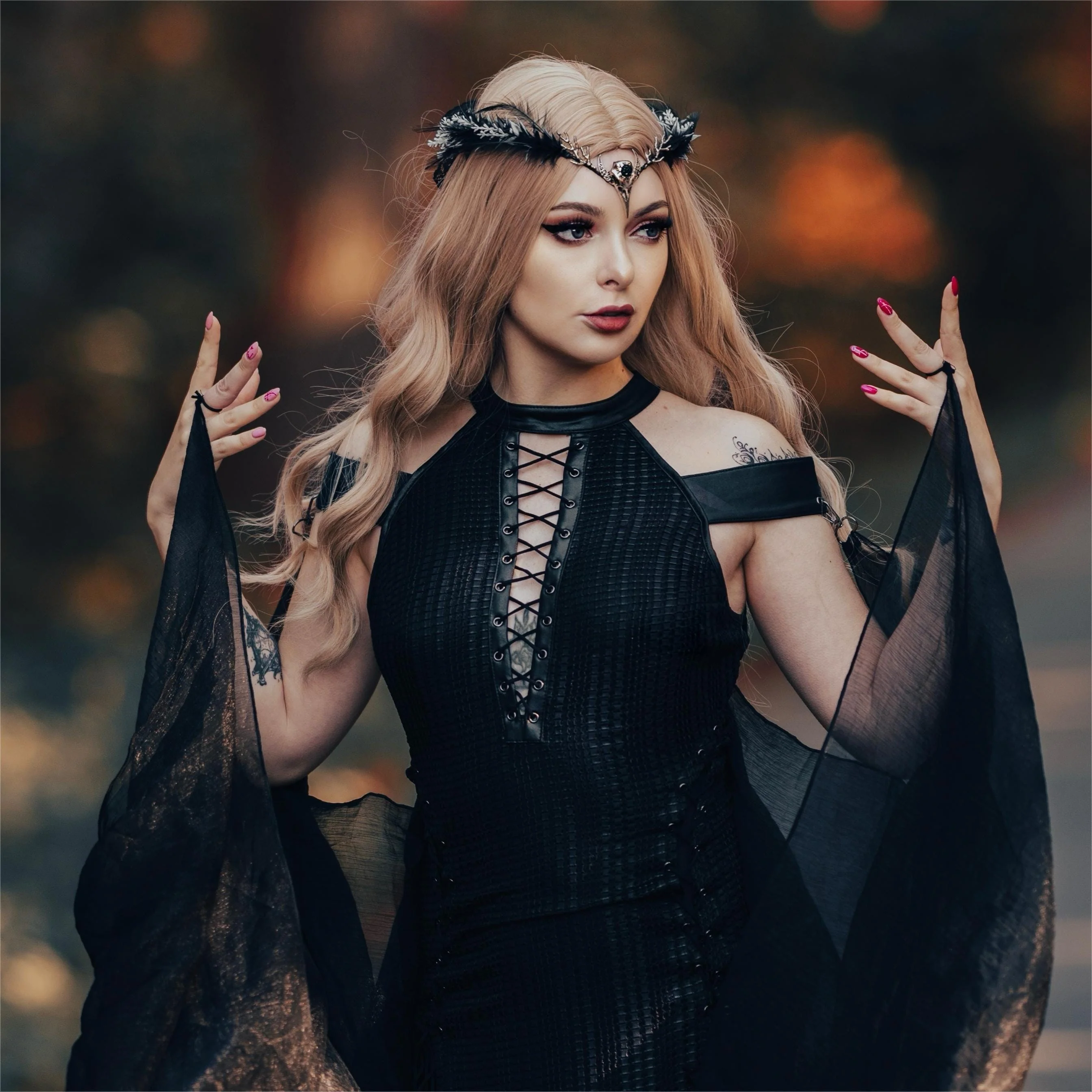 Women's Gothic Strappy Side Slit Dress Wedding Dress with Detachable Cape - Image 2