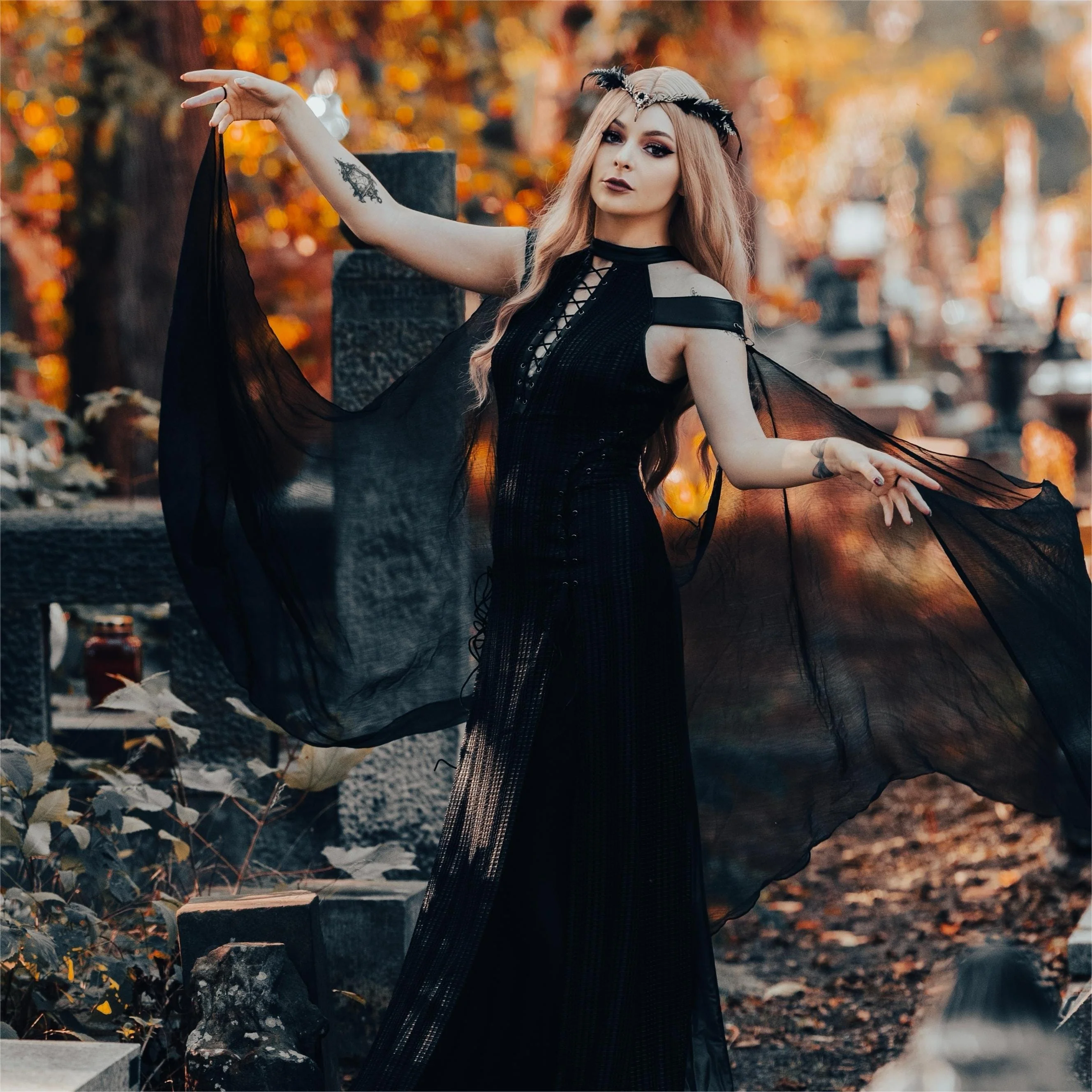 Women's Gothic Strappy Side Slit Dress Wedding Dress with Detachable Cape - Image 4