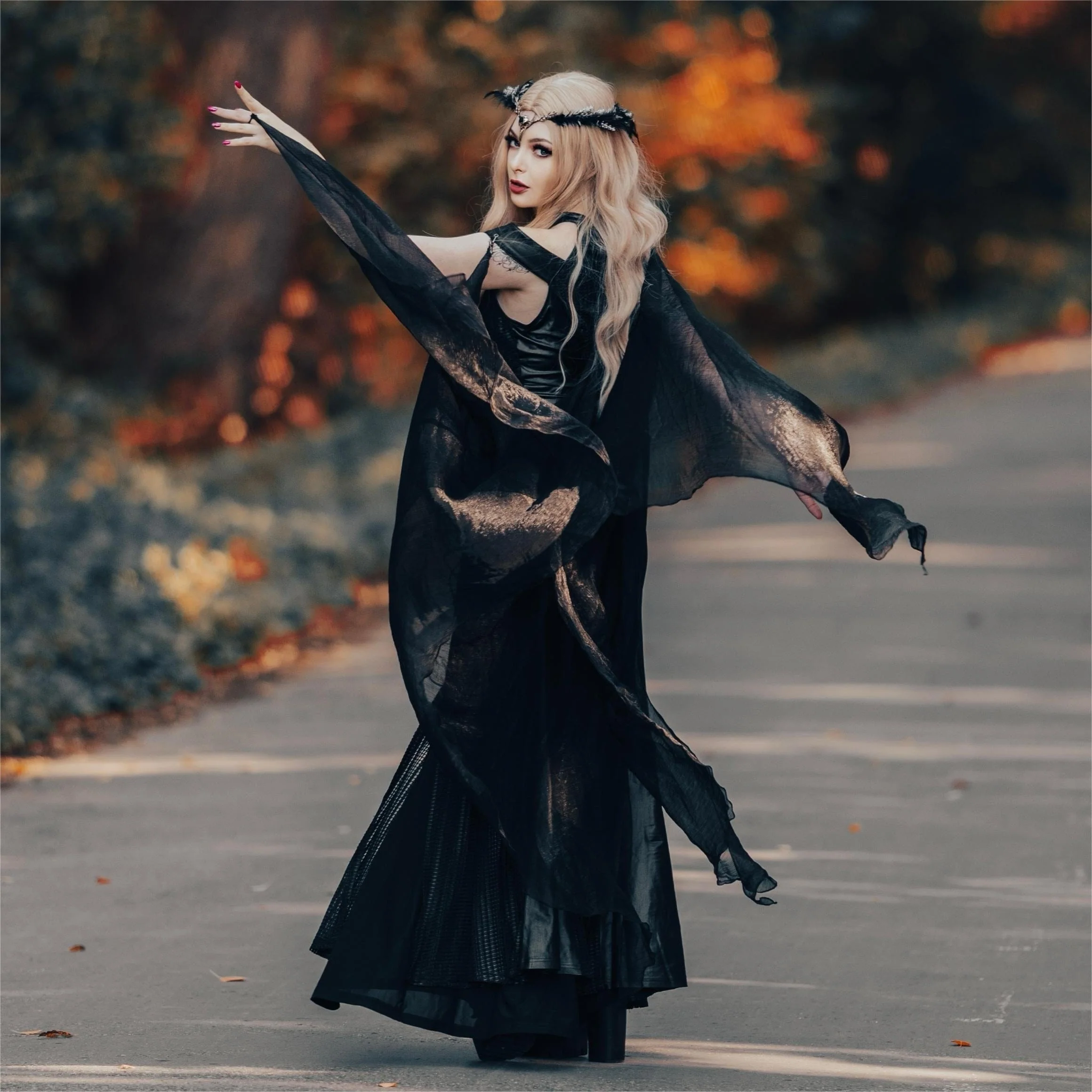 Women's Gothic Strappy Side Slit Dress Wedding Dress with Detachable Cape - Image 5
