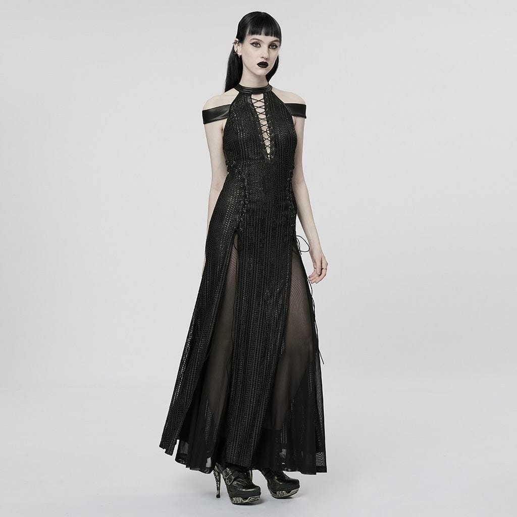 Women's Gothic Strappy Side Slit Dress Wedding Dress with Detachable Cape - Image 7