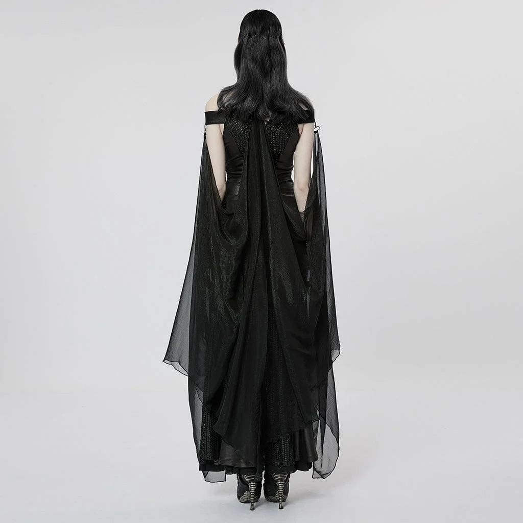 Women's Gothic Strappy Side Slit Dress Wedding Dress with Detachable Cape - Image 8
