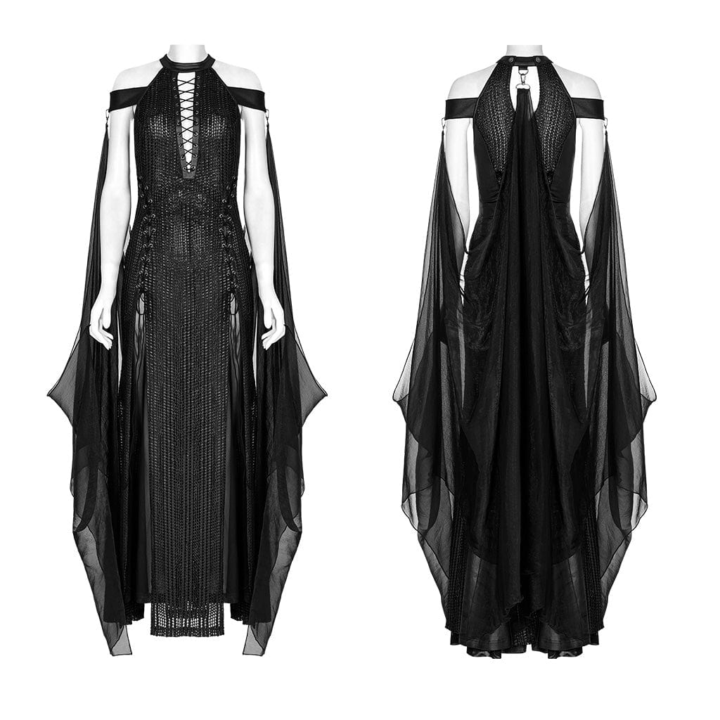 Women's Gothic Strappy Side Slit Dress Wedding Dress with Detachable Cape - Image 9